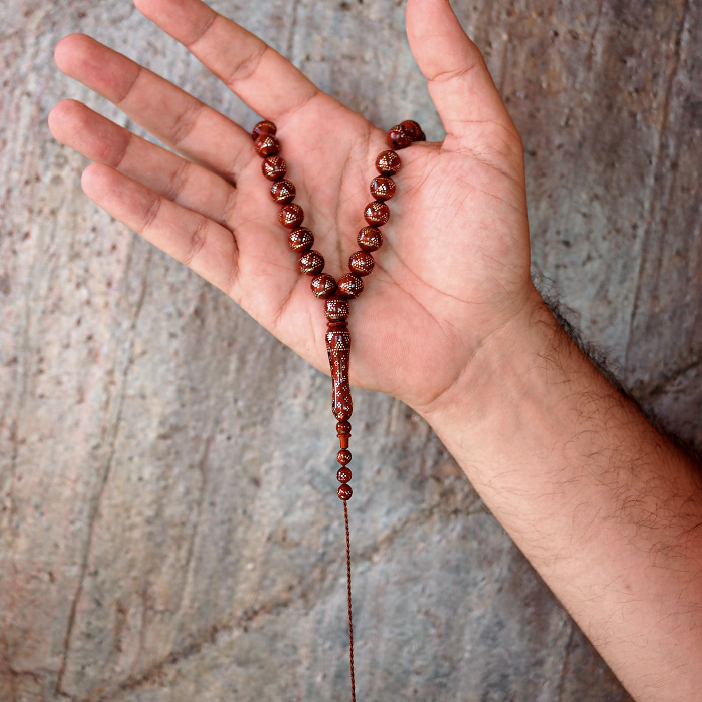 Gümüş Çakımlı İnce İşçilikli Kuka Tesbih (Kahve Ton) - WATD078