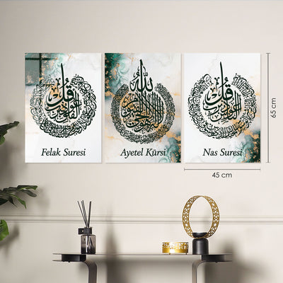 Set of 3 Glass Ayatul Kursi, Surah An-Nâs and Surah Al-Falaq Islamic Wall Art - WTC007