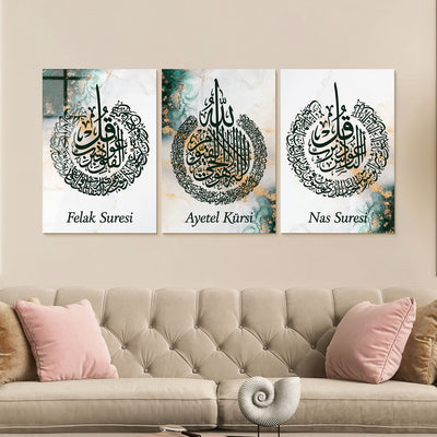 Set of 3 Glass Ayatul Kursi, Surah An-Nâs and Surah Al-Falaq Islamic Wall Art - WTC007
