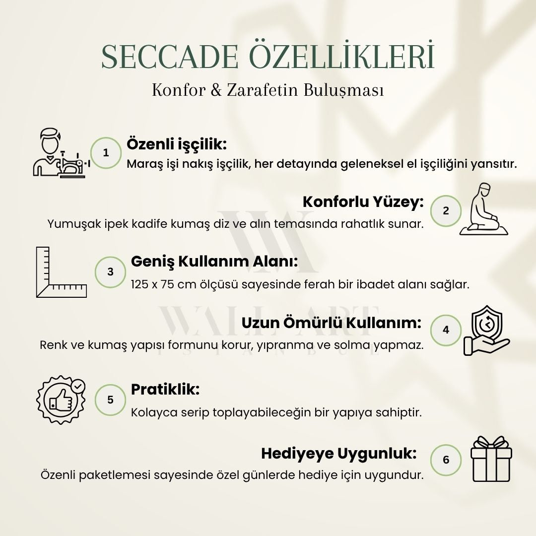 Krem Renk İpek Kadife Kumaş Seccade (Altın Renk Maraş İşi Nakış) - WAS014