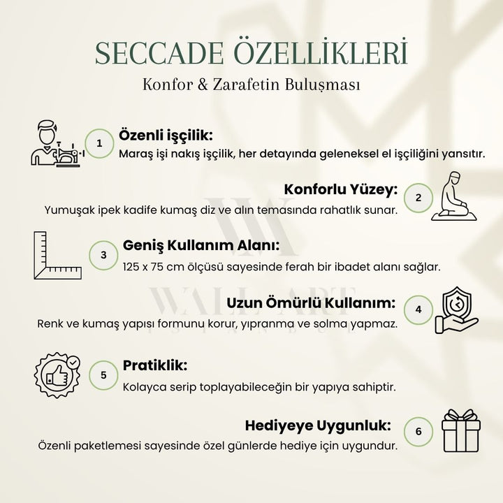 Krem Renk İpek Kadife Kumaş Seccade (Altın Renk Maraş İşi Nakış) - WAS014