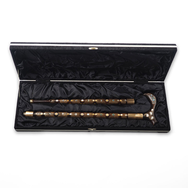 El Yapımı Sedef ve Bakır Tel İşlemeli Ahşap Baston - WAAH237