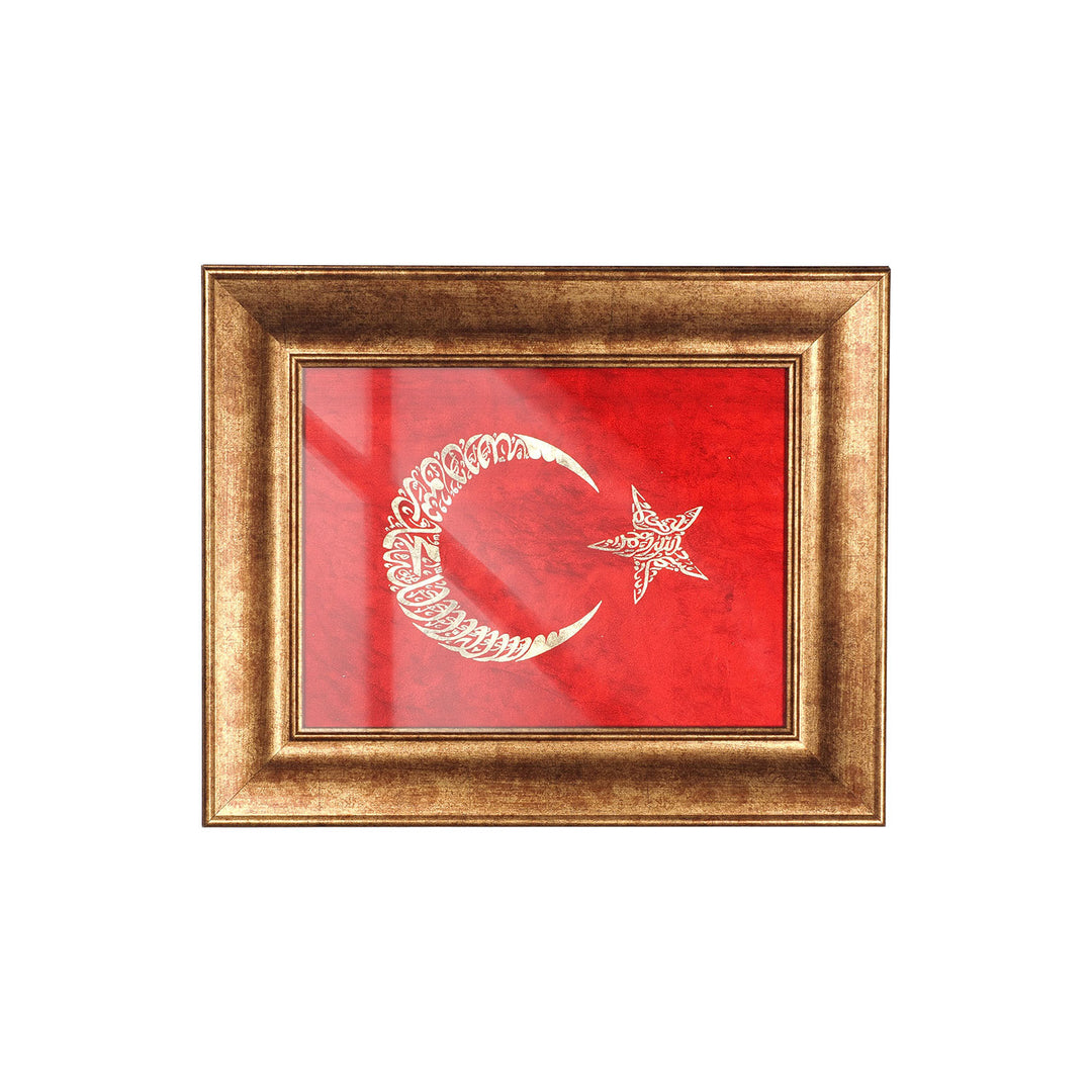 Özel Ahşap Çerçeveli Altın Varaklı El Boyası Bayrak Cam Yüzeyli Tablo - WAAH442