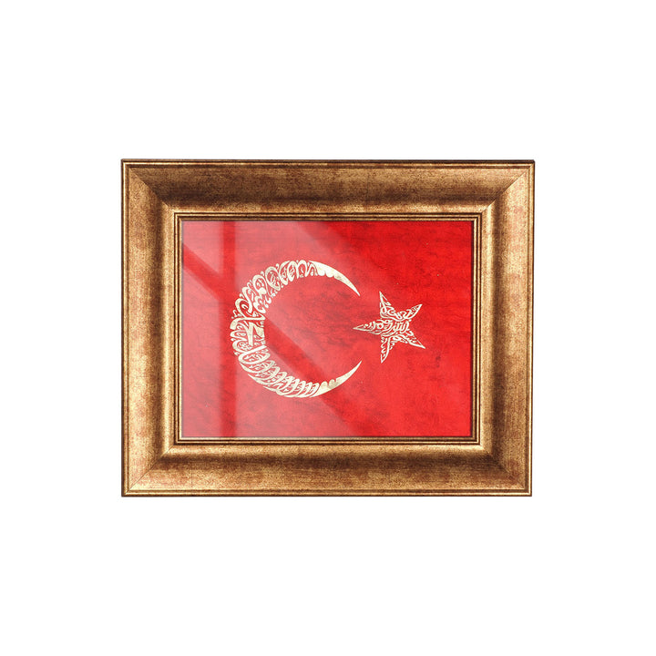 Özel Ahşap Çerçeveli Altın Varaklı El Boyası Bayrak Cam Yüzeyli Tablo - WAAH442