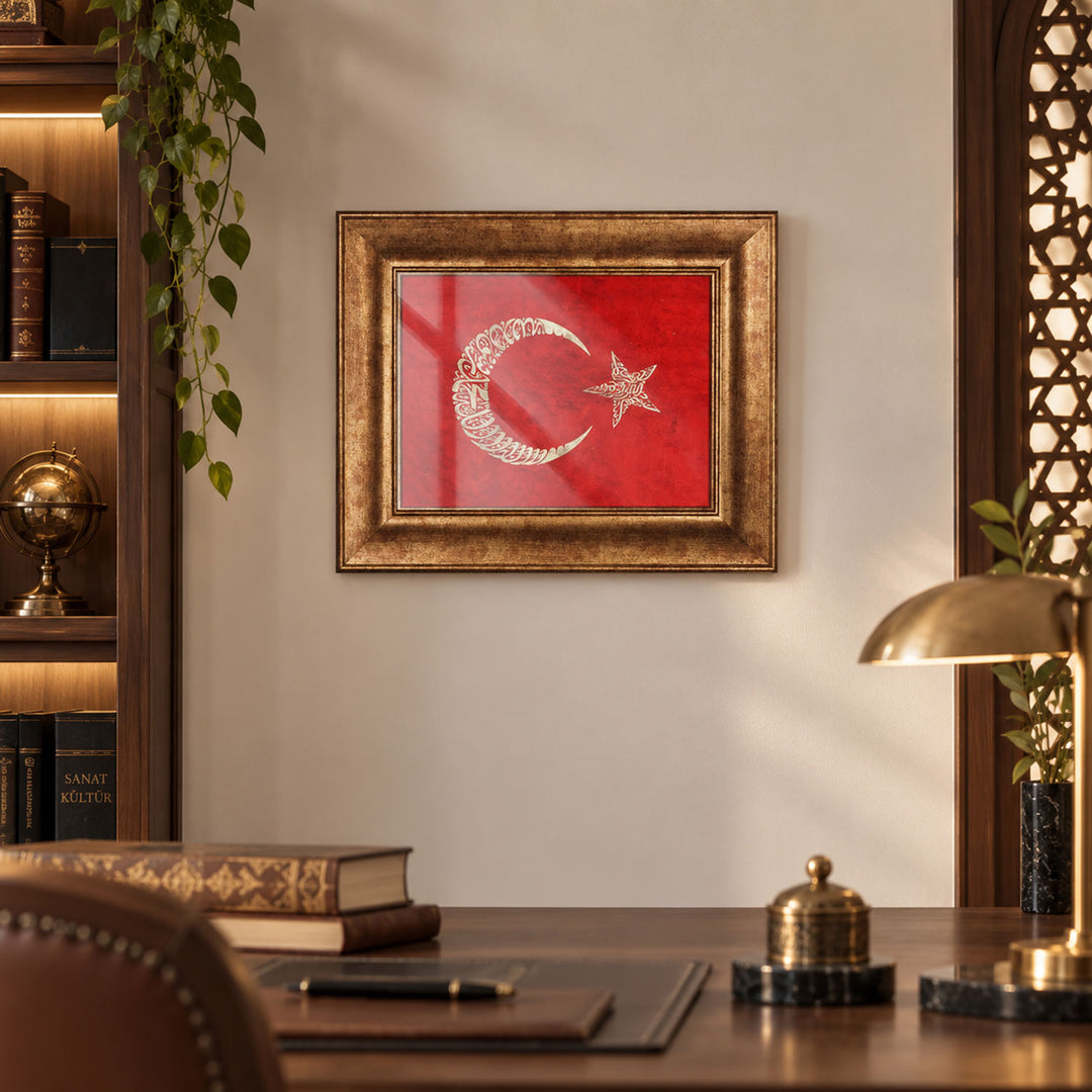 Özel Ahşap Çerçeveli Altın Varaklı El Boyası Bayrak Cam Yüzeyli Tablo - WAAH442