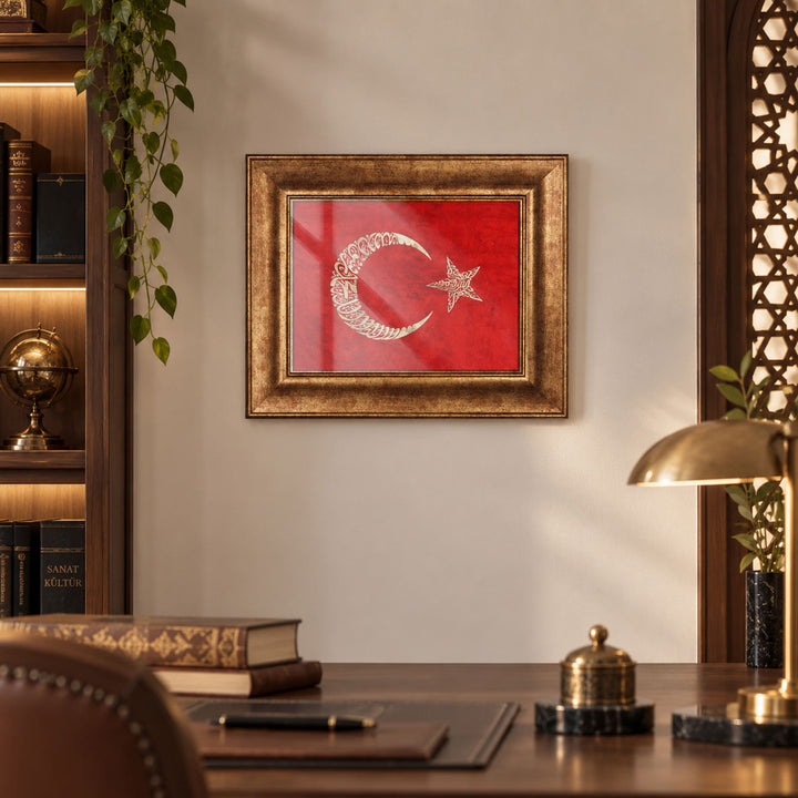 Özel Ahşap Çerçeveli Altın Varaklı El Boyası Bayrak Cam Yüzeyli Tablo - WAAH442