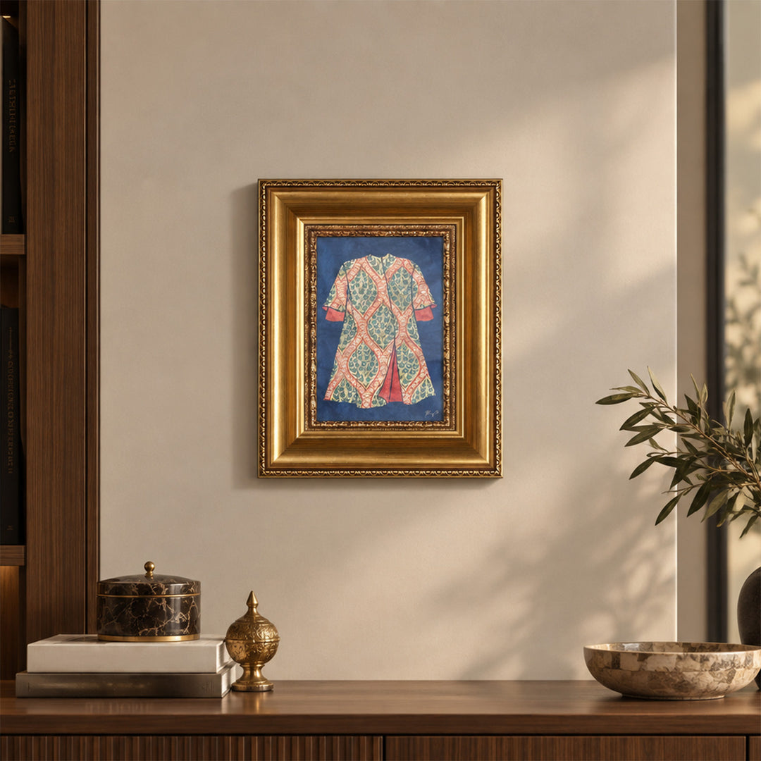 El Boyaması Osmanlı Kaftan Motifli Altın Varaklı Ahşap Çerçeveli Cam Tablo - WAAH456