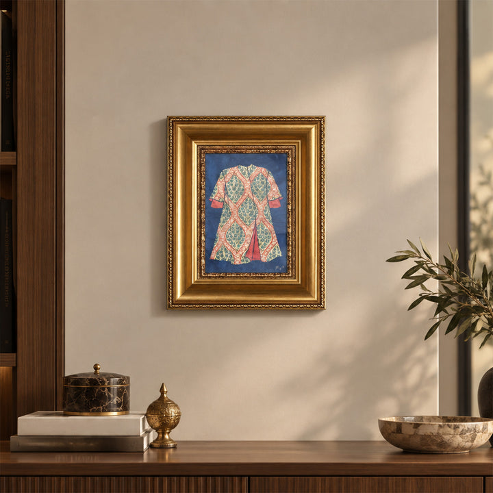 El Boyaması Osmanlı Kaftan Motifli Altın Varaklı Ahşap Çerçeveli Cam Tablo - WAAH456