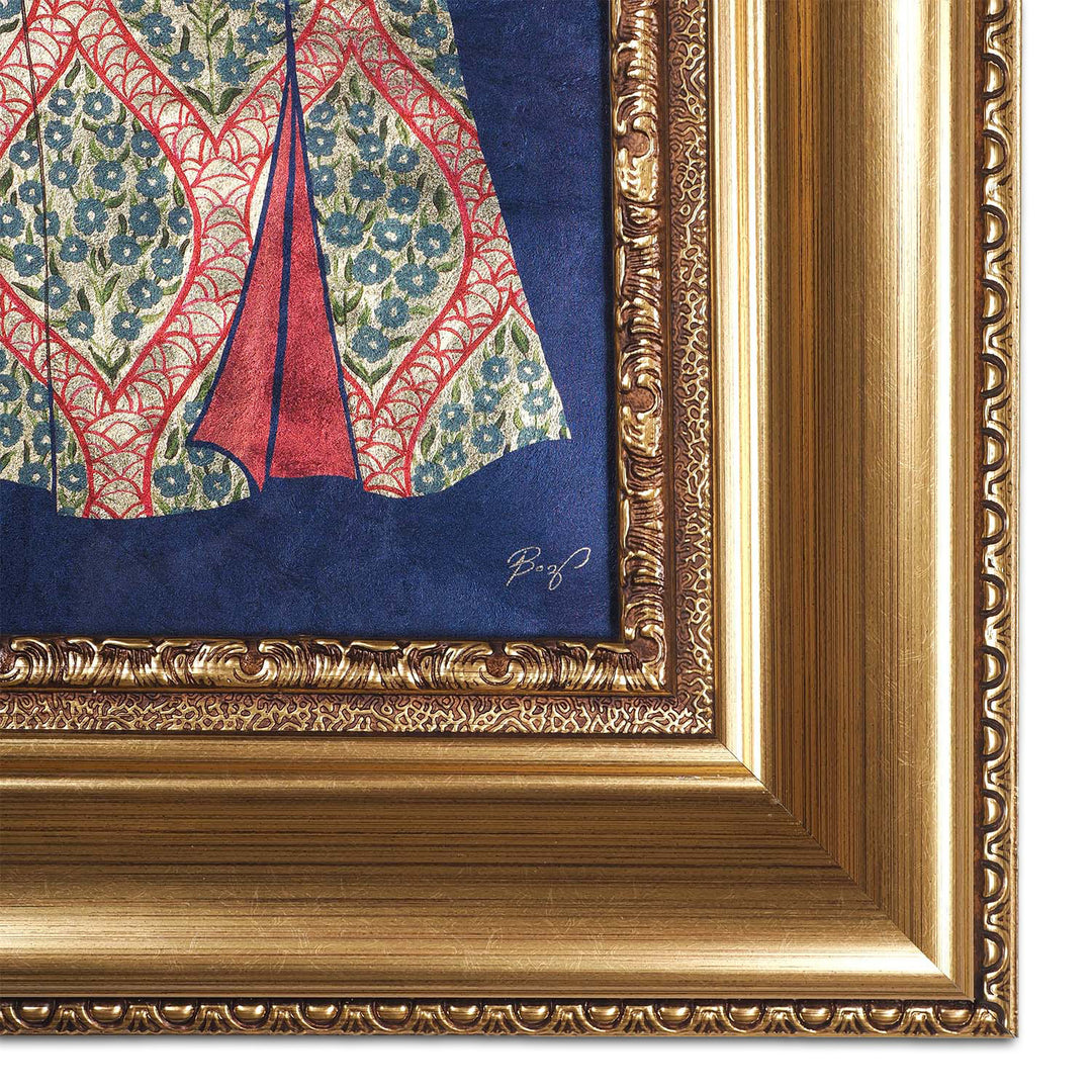 El Boyaması Osmanlı Kaftan Motifli Altın Varaklı Ahşap Çerçeveli Cam Tablo - WAAH456