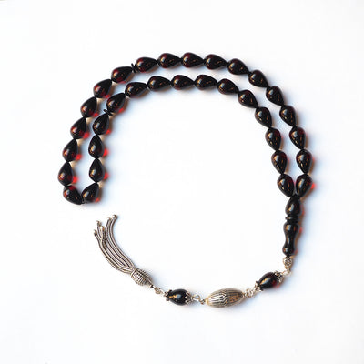 Gümüş Püsküllü Sürmeli Ateş Sıkma Kehribar Tesbih - WATD168