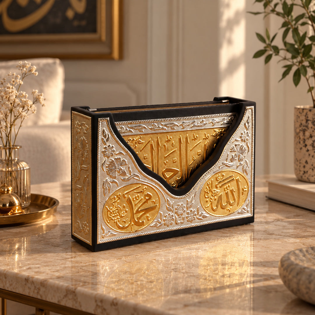 Motifli Altın Detaylı Gümüş İşlemeli Ahşap Kur&