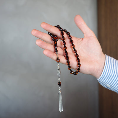 Gümüş Püsküllü Sürmeli Ateş Sıkma Kehribar Tesbih - WATD127