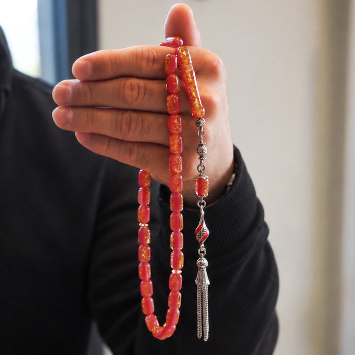 Püsküllü Altın Varaklı Özel Döküm Pleksi Glass Uçak Camı Kapsül Kesim Tesbih - WATD986