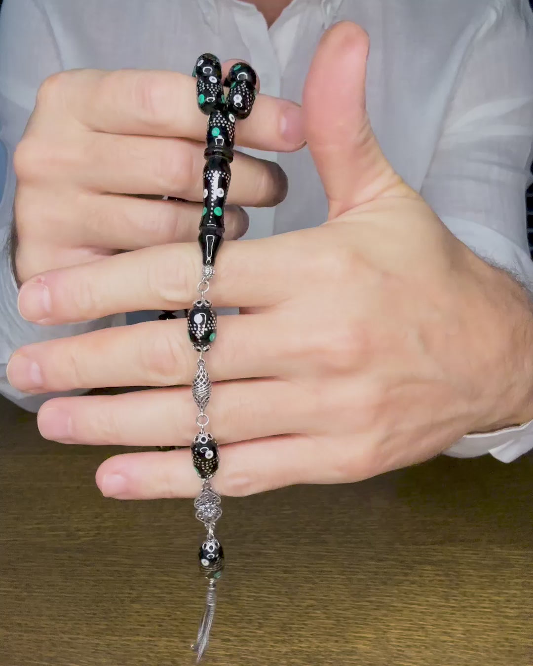 Türker Kızılelma Usta Yapımı, Firuze Kakmalı Orijinal Oltu Taşı Tesbih, Gümüş Püsküllü - WATD844
