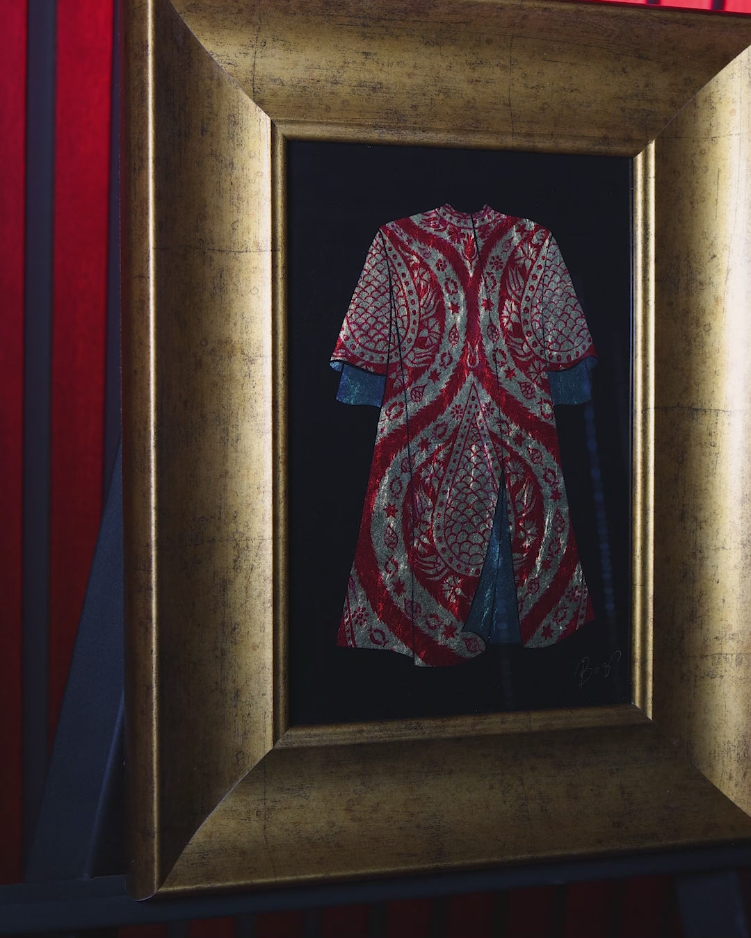 El İşçiliği Lale Desenli Kaftan Tasarımlı Camlı Ahşap Çerçeve Altın Varak Tablo - WAAH453